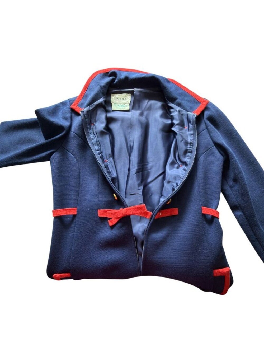 Vintage Rona Coat Dress Medium Worsted Wool Acetate Navy Blue w Red Trim As Is - Picture 10 of 16